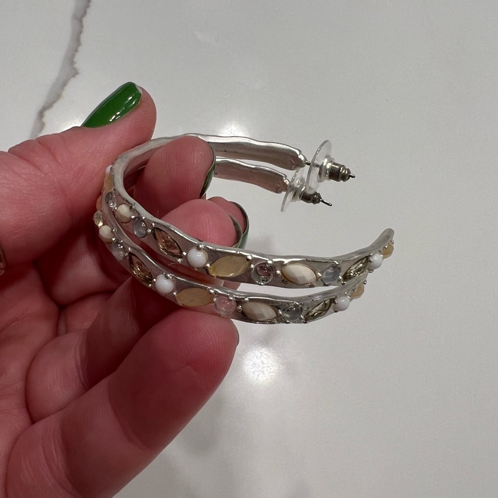 White Silver Coated Metal White Clear Silver Ivory Beaded Hoop Earrings